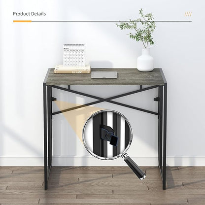 32 inch Small Folding Desk, Writing Gaming Computer Camping Desk for Small Spaces, No Assembly Required Home Office Desk, Black Oak