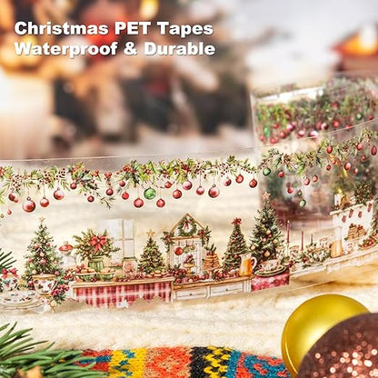 Christmas PET Tape Set - Seamless Loop Design with Snowy Villages, Festive Cats and Holiday Scenes, Includes Decorative Clip, Self-Adhesive Rolls for Scrapbook, Journal and DIY Decor