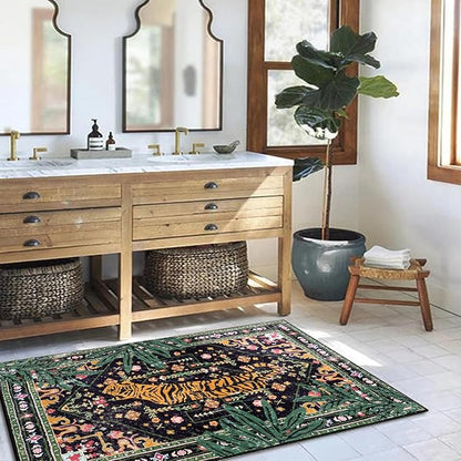 Oriental Tropical Indoor Door Mat Washable, Thin Black Boho Vintage Distressed Hippie 3x5 Throw Rugs for Bedroom Bathroom Kitchen Non-Slip Abstract Botanical Tribal Indian Entryway Carpet