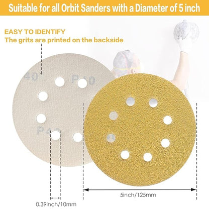 110PCS 5 Inch 8 Hole Sanding Discs,Gold Round Hook and Loop Sandpaper for Random Orbital Sander(60 80 100 120 150 180 240 320 400 600 800 Mix Grit)