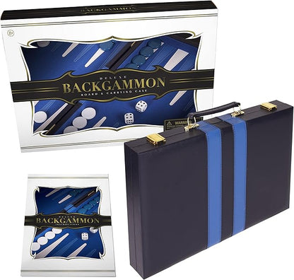 Backgammon Set 15 inch, Medium - Classic Board Game for Adults and Kids with Premium Leather Case - Includes Strategy & Tip Guide (Blue)