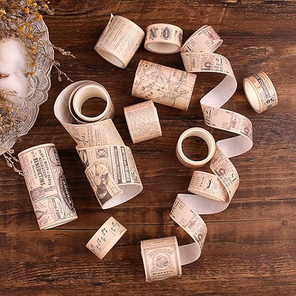 Dizdkizd Washi Tape Set, 12 Rolls Antique Masking Tape Washi Tape Map Newspaper Vintage Stickers Scrapbook Decorative Tape Bullet Journal Supplies Brown Junk Journal Supplies