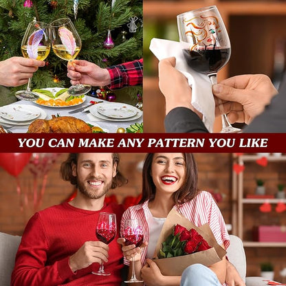 Pickmesh 4 Set Paint Your Own Glasses Kit for Adults 15 oz Wine Glass 12 Pcs DIY Markers 12 Colors Acrylic Paint with Brushes to Design Your Own Wine Glasses Gifts(High Feet)