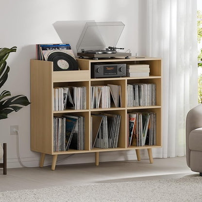 Cozy Castle Large Record Player Stand, Vinyl Storage Cabinet Mid Century Modern Turntable Stand Media Console Table Open Shelf Cube CD Album Holder Organizer for Living Room, Office, Oak