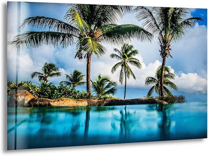 My Photostation.com 48Wx32H'' Island & Blue Sea Glass Wall ArtTempered Glass Printing Wall Decor Large Wall Art Wall Hangings