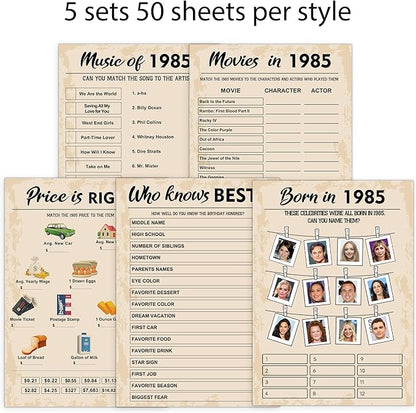 40th Birthday Party Games, Born in 1985 Games Bundle, Set of 5 Activities for 10 Guests, Birthday Party Supplies for Adults, Pack of 50 Cards