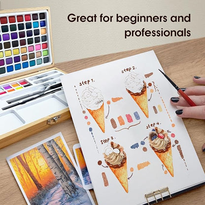 Watercolor Paint Set,100 Colors in Nature Bamboo Box,Portable Water Colors Kit with Papers and Brush Pens,Great for Kids Adults Beginners & Professionals（bamboo）