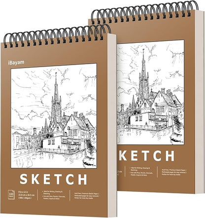 iBayam 9" x 12" Sketch Book Set, 2-Pack Spiral Bound Drawing Paper, 200 Sheets (68lb/100gsm) Premium Sketchbook, Acid-Free Art Drawing Painting Sketching Pad Supplies for Kids, Teens, Adults, Artists