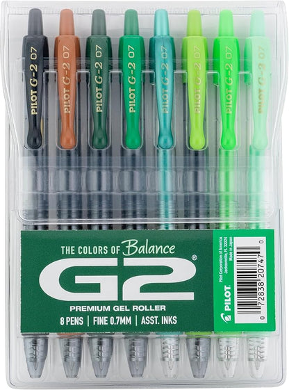 Pilot G2 Premium Gel Roller Pens, Fine Point Gel Pens, Boost Green Pack, The Colors of Balance, 8-Pack Pouch, 0.7 mm, Assorted - Ideal for School, Journaling, & Office Writing