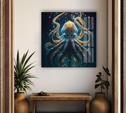 My Photostation.com 32Wx48H'' Underwater Blue Octopus Glass Wall Art Tempered Glass Printing Wall Decor Large Wall Art Wall Hangings