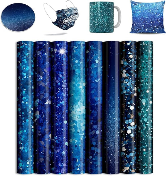 Sublimation Transfer Sheets for Tumblers Blanks Tshirts,Blue Glitter Sublimation Transfer Paper for Heat Press Machine,10pcs,12x12