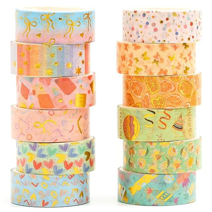 12 Rolls Charming Washi Tape Set Gold Silver Foil Detailing Arts Adhesive Tapes Basic Patterns Decorative Masking Tape Sets for Craft, Kids, Scrapbook, DIY, Gift Wrapping (Whimsical Pastels)