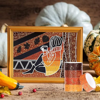 Whaline 12 Rolls Fall Washi Tapes Foil Gold Decorative Tape Autumn Gnome Pumpkin Fall Leaves Turkey Patterned Masking Tape for Fall Thanksgiving Scrapbook Journal DIY Craft Gift Wrapping, 0.6Inch