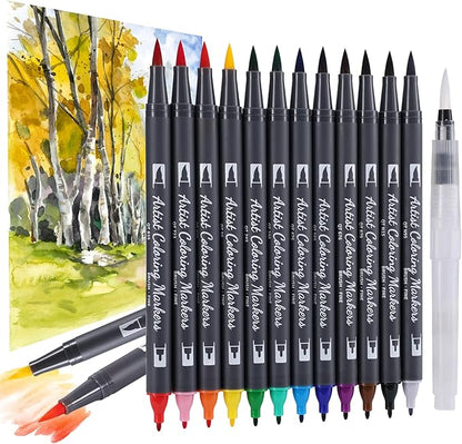 12 Colors Blendable Watercolor Markers 2025 Upgrade Double Tip Paint Pens with 1 Water Brush Pen Water Based Coloring Pens Drawing Markers Set with Flexible Brush Tip for Artists and Beginners