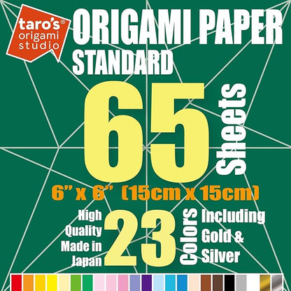 [Taro's Origami Studio] Standard 6 Inch One Sided 23 Colors 65 Sheets Square Easy Fold Premium Japanese Paper for Beginner (Gold and Silver Included)
