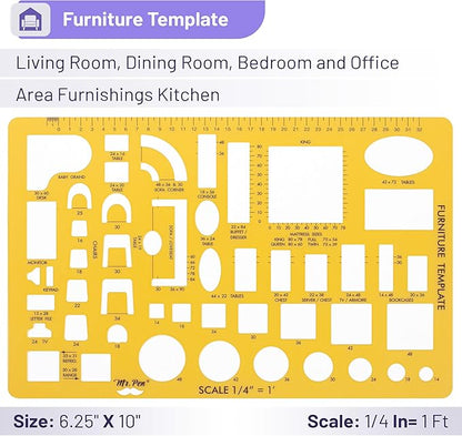 Mr. Pen- House Plan, Interior Design and Furniture Templates, Drafting Tools and Ruler Shapes for Architecture - Set of 3