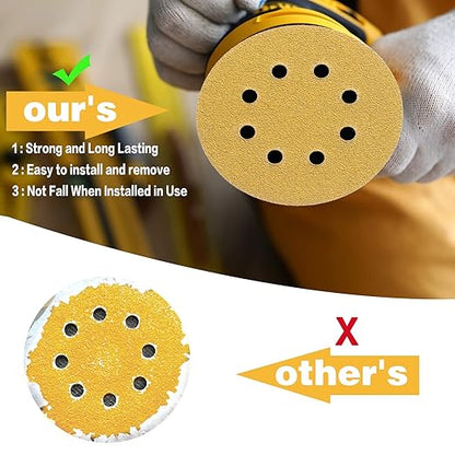 100PCS 5 Inch 8 Hole Sanding Discs 320 Grit,Gold Round Hook and Loop Sandpaper for Random Orbital Sander