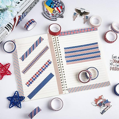 Whaline 12 Rolls 4th of July Washi Tape Patriotic Stars Stripes Washi Masking Tape Red Blue White Plaids Decorative Paper Stickers for Independence Day Scrapbook Gift Wrapping DIY Art Crafts