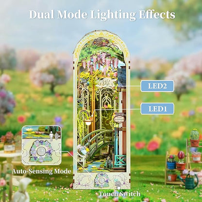 Tonecheer DIY Book Nook Kit for Adults, 3D Puzzle Wooden Miniature House Kit, Booknook Dollhouse Bookshelf Insert Decor Bookend with Dust Cover and LED Lights Gifts (Giverny Garden)