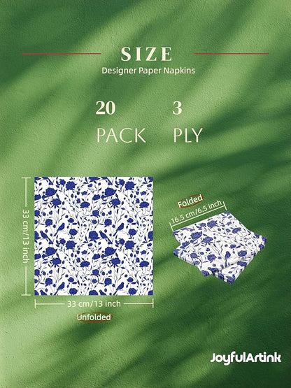 20 Pack Designer Paper Napkins, 3-Ply 6.5x6.5-inches Disposable Decorative Blue and White Porcelain Lunch Cocktail Napkin for Wedding Event/Birthday/Anniversary Party/Baby Shower