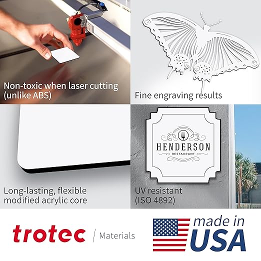 Trotec TroLase | 12"x12"x1/16", 8 Pcs | White/Black | 2 Ply | Modified Acrylic | Laser Engraving Double Color Plastic Sheet | Engraving Blanks for Laser, Saw, Guillotine | Made in USA
