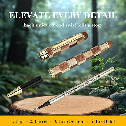 BEILUNER Luxury Wood Ballpoint Pen Writing Set, Chess Style - Elegant Fancy Nice Gift Pen Set for Signature Executive Business Office Supplies - Gift Boxed with Extra Refills (Black)