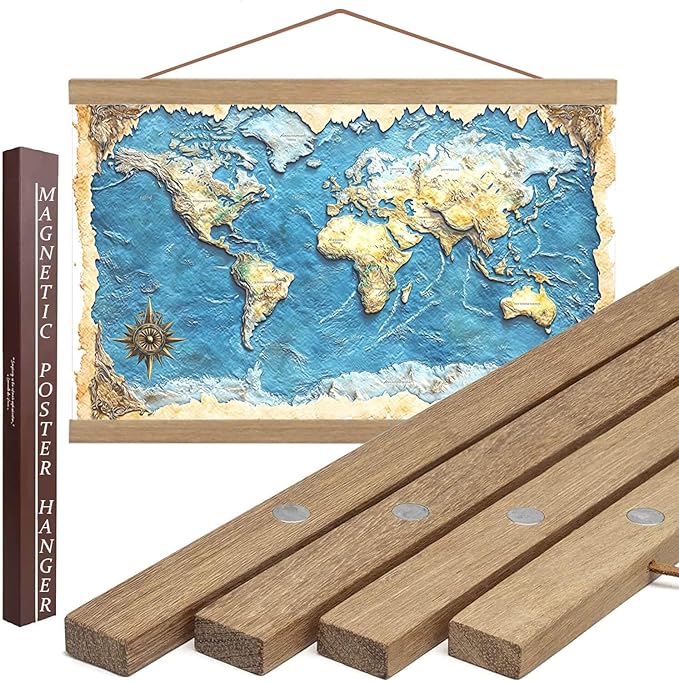 DACRI HOME 32" Wide Magnetic Poster Hanger Frame - 32x24 32x40 32x48 Magnetic Frame - Premium Teak Wood, Strong Magnets for Hanging Posters Maps Pictures Scroll Wall Art (32 Inch, Natural Wood)