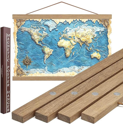 DACRI HOME 48" Sturdy Magnetic Poster Hanger Frame - Teak Wood Poster Frame, Strong Magnets for Safe Hanging Maps Pictures Print Scroll Wall Art (48 Inch, Natural Wood)