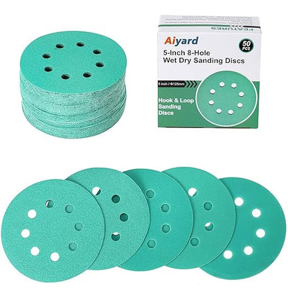 5-Inch 8-Hole Wet Dry Sanding Discs 80/120/180/220/320 Assorted Grits, Polyester Film Backed Heavy-Duty Hook and Loop Sandpaper for Random Orbital Sander, 50-Pack