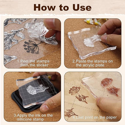UCEC 8 Sheets Clear Stamps Set, 2 PCS Acrylic Stamp Block (15*5cm & 7.5*7.5cm), Vintage Plants Flower Rubber Silicone Stamps, Scrapbook Clear Stamp for Card Making & DIY Christmas Crafts Decoration