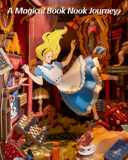 ROBOTIME Book Nook Kit, Fairy Tale Princess DIY Miniature House Kit, Fall into Wonder 3D Wooden Puzzle Bookends, Tiny House Bookshelf Decor Creative Decorative Unique Gifts for Adults & Teens