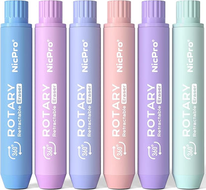 Nicpro 6 Pack Rotary Retractable Erasers Pen Style, Aesthetic Pastel Twist Erasers in Macaron Colors, Clean Erasing TPE Eraser for School Supplies, Office, Drawing & Journaling