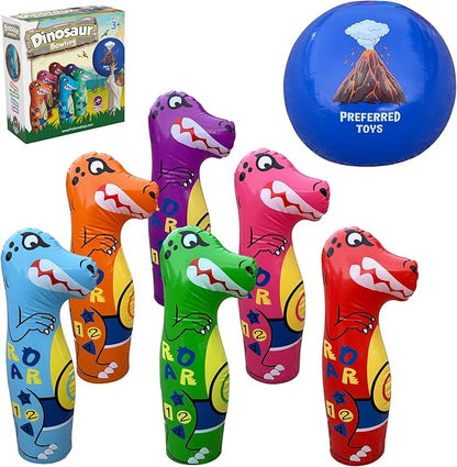 Inflatable Dinosaur Bowling Set for Kids – 6 Giant 26” Pins & 24” Ball – Fun Indoor/Outdoor Game – Educational Motor Skills Toy – Great Birthday Gift – Teaches Numbers, Letters & Shapes