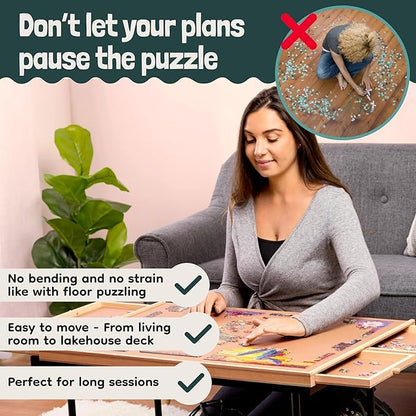 Gondola 1500 Pieces Puzzle Board with Mug Holders, 6 Drawers and Cover, Sturdy Jigsaw Puzzle Table Tray, 26"x35" Portable Wooden Jigsaw Puzzles Accessories, Jig Saw Home Holder Organizer Boards
