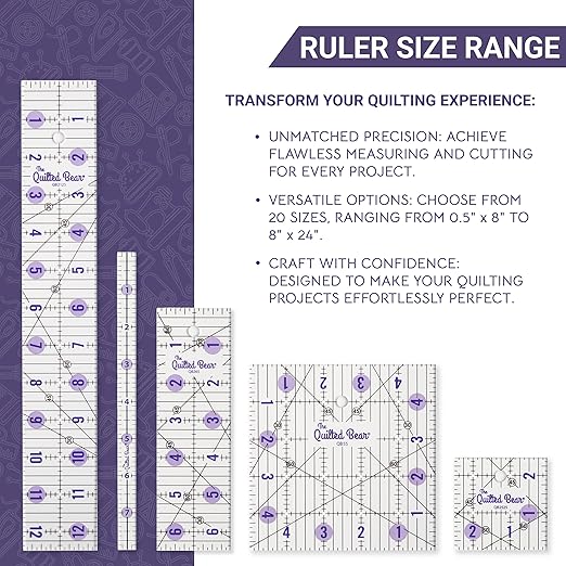 The Quilted Bear Quilting Rulers - Transparent Acrylic Non Slip Quilting, Patchwork & Sewing Ruler with Clear Black Lines & 30, 45 & 60 Degree Angles for Perfect Accuracy & Precision (2" x 6.5")
