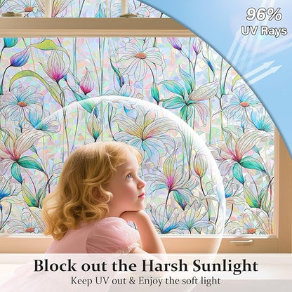 Donox Decorative Window Privacy Film, 3D Floral Stained Glass Window Film Static Cling Rainbow Privacy Sticker for Glass Door Heat Control Anti UV, No Adhesive (Magnolia,23.6 x 78.7 inches)