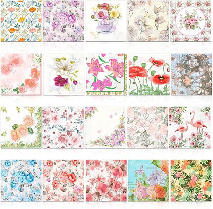 Crtiin 20 Pack Assorted Floral Napkins for Decoupage Toilet Napkins Flower Cocktail Decorative Paper for Birthday Party Beautiful Gorgeous, 20 Styles Each 6.5 inches(Style 3)