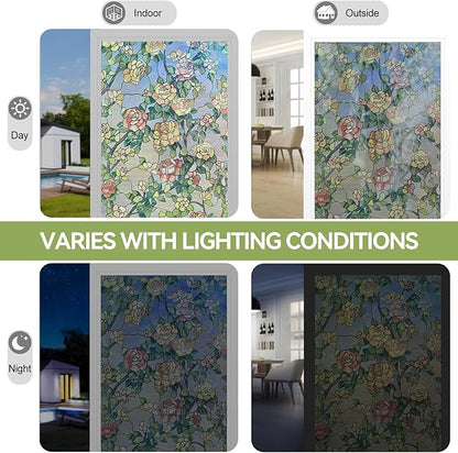 Stained Glass Window Film, 3D Decorative Window Privacy Film for Bathroom,Front Door,Home, Sun Blocking Heat Control,Static Cling, The Beast's Rose 17.3inch x 47.2inch