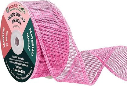 Mandala Crafts Pink Burlap Wired Ribbon 1.5 Inches Wide Jute Ribbons for Crafts - 10 Yds Roll Rustic Burlap Wrap Trim Ribbons for Wreaths Bows Party Decoration