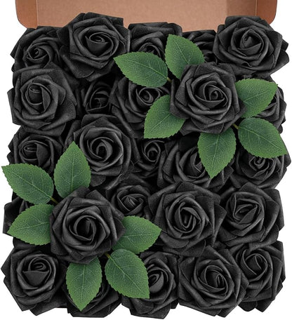 Artificial Flowers Foam Fake Roses 25pcs Black Roses with Stems for Home Decor DIY Wedding Bouquets Party Bridal Shower Centerpieces Faux Flower Arrangements Tables Decorations