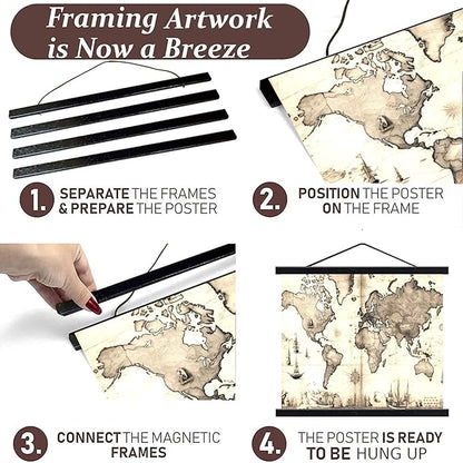 DACRI HOME 44" Magnetic Poster Hanger Frame - Sturdy Teak Wood Poster Frame 44x18 44x24 44x36, Strong Magnets for Easy Hanging Map Picture Print Scroll Wall Art (44 Inch, Black)