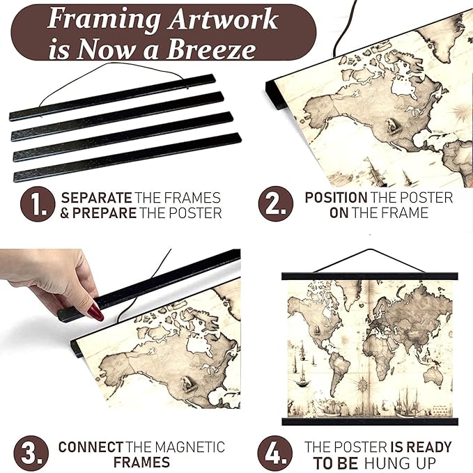 DACRI HOME 30" Wide Sturdy Magnetic Poster Hanger Frame - 30x20 30x24 30x40 Teak Wood Poster Frame for Picture Map Canvas Print Wall Art Hanging (30", Black)