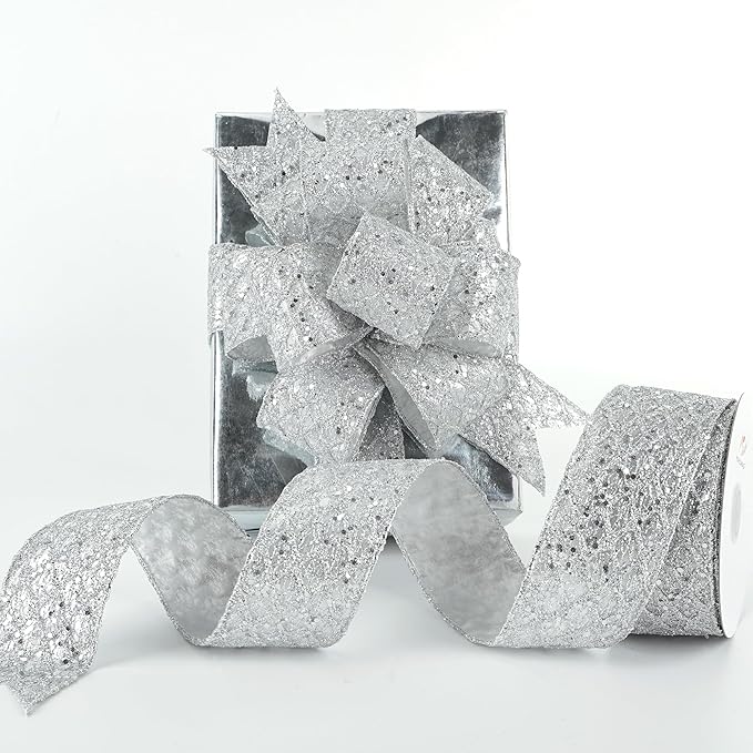 HUIHUANG Silver Glitter Wired Ribbon for Christmas Tree 2.5 inch Silver Diamond Mesh Ribbon for Tree Decoration, Wreaths, Garland, Gift Wrapping, Large Bows Making, Home Decor -10 Yards