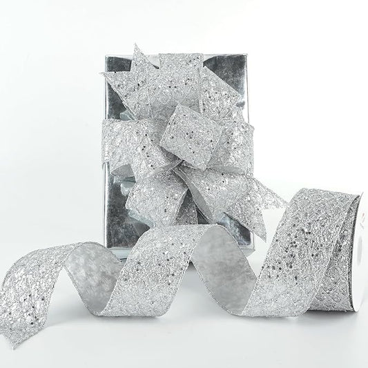 HUIHUANG Silver Glitter Wired Ribbon for Christmas Tree 2.5 inch Silver Diamond Mesh Ribbon for Tree Decoration, Wreaths, Garland, Gift Wrapping, Large Bows Making, Home Decor -10 Yards