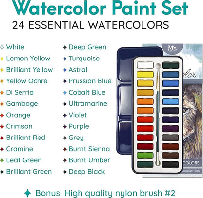 MozArt Supplies Watercolor Paint Essentials Set - Lightweight and Portable Metal Box - Lid Has 3 Partitions for Color Mixing - Easy-to-Blend Non-Toxic Formulation - 24 Vibrant Colors with Paintbrush