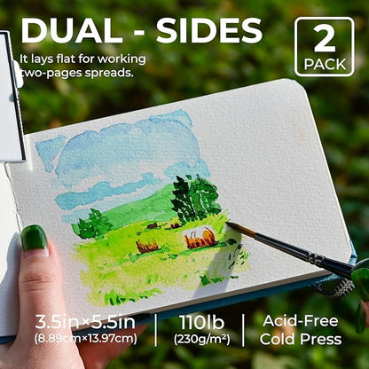 Funto Watercolor Journal, 3.5x5.5, 2 Pack, 24 Sheets Each, Blue Cloth Cover, 110lb/230gsm, Suitable for Techniques and Mixed Media