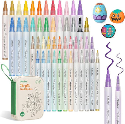 Ohuhu Acrylic Paint Markers, 48 Paint Pens Set of 24 Fine & 24 Round Tip in Same Assorted Colors - Reversible Chisel & Round - Good Coverage Acrylic Markers for Rock Painting Easter Egg Wood Plastic