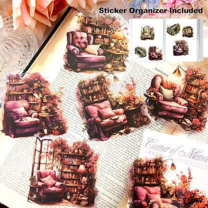 60Pcs PET Scrapbook Stickers, Vintage Aesthetic Designs for Scrapbooking Waterproof Journaling Supplies Junk Journal Ephemera with Storage Organizer