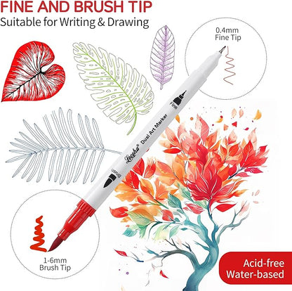 Dual Tip Art Markers Pens for Kids Adult Coloring Books Artist Fine and Brush Tip Colored Pens Water-color Pens for Journaling Note Taking Writing Planning Art Project
