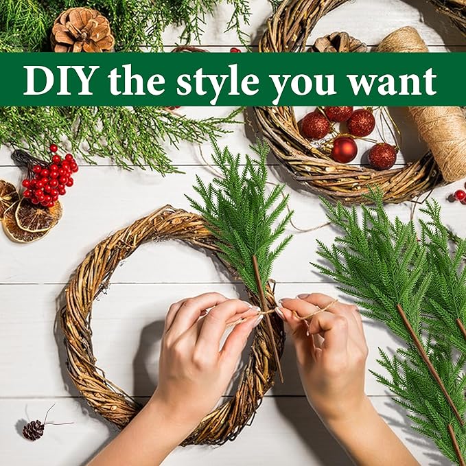 Watayo 10 Pcs Christmas Norfolk Pine Branches with Pine Cones, 19" Extra Length Fake Greenery Norfolk Pine Stems Sprigs, Artificial Xmas Branches Plants Pine Leaves for DIY Craft Garland Home Decor